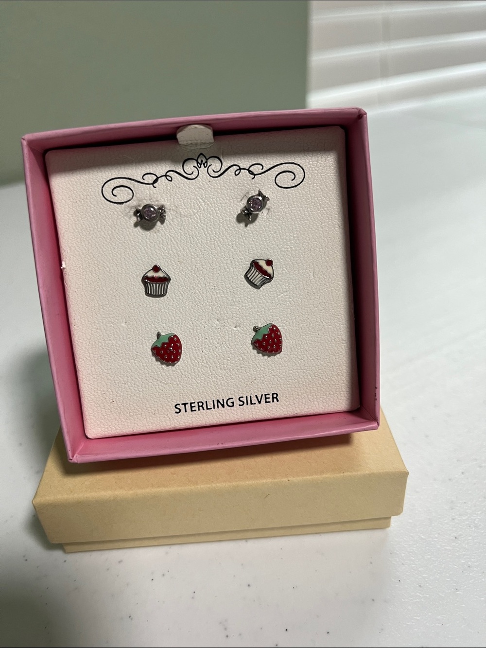 Macy's Kids Sterling Silver Pink and Red Fruit & Cupcake Earring Set